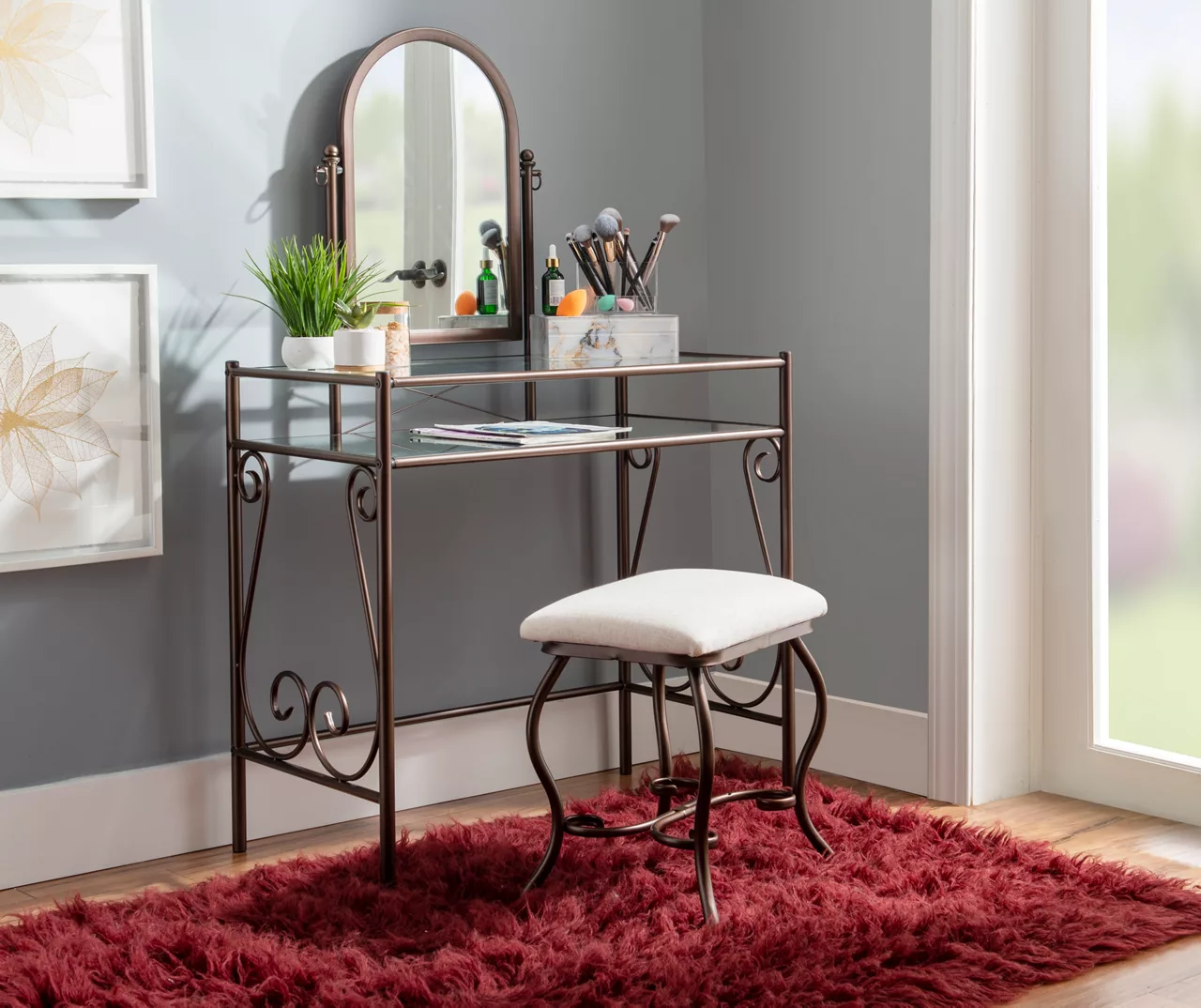 Heather Metal Adjustable Mirror Vanity Set With Stool - Image 8