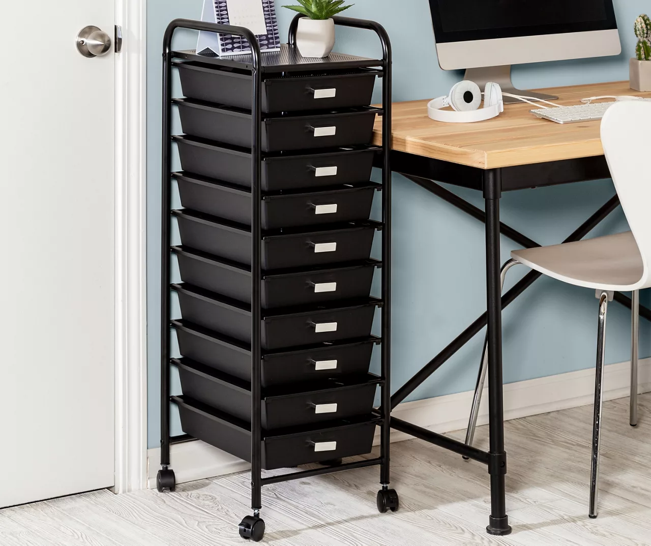 Black Metal 10-Drawer Rolling Storage Cart - Image 2