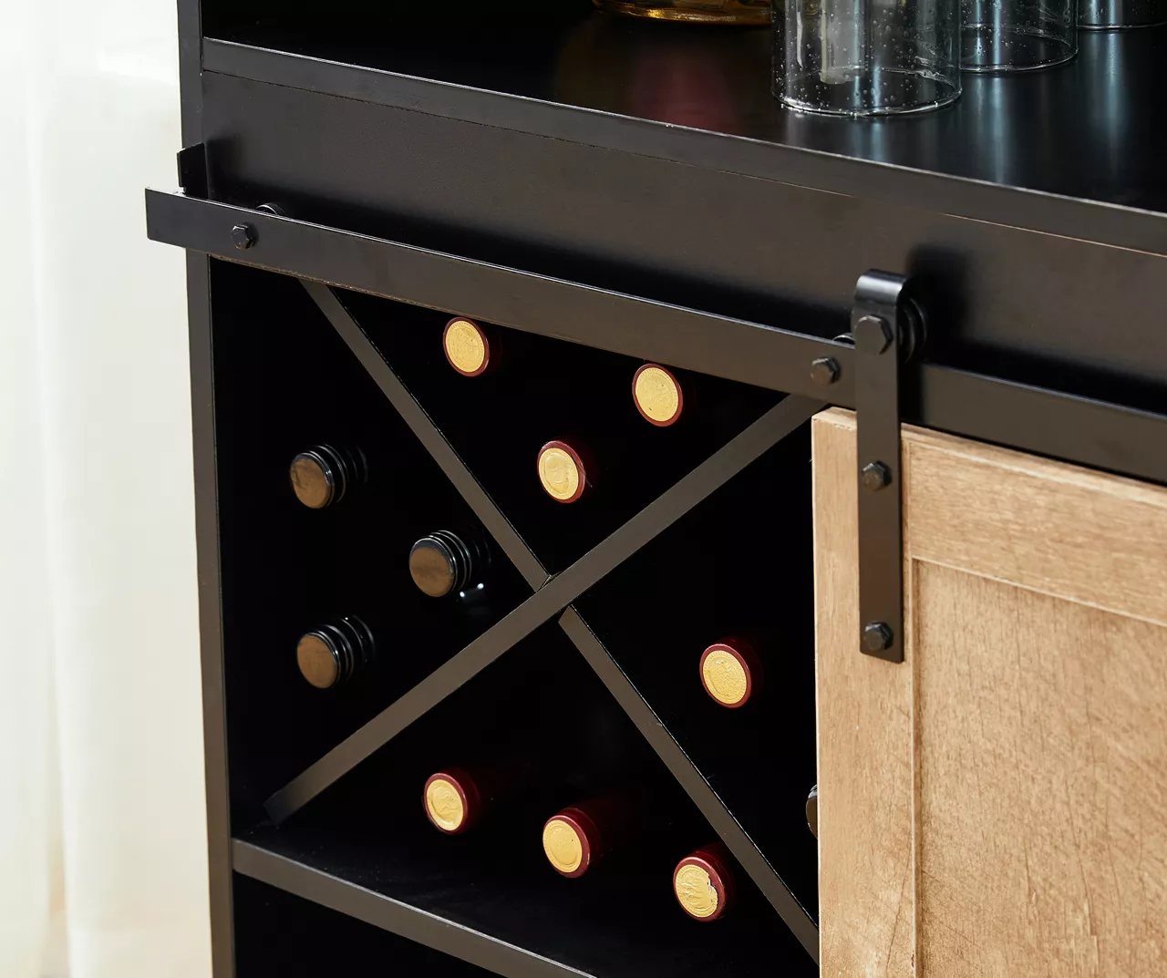 Black & Light Brown Sliding Door Wine Cabinet - Image 6